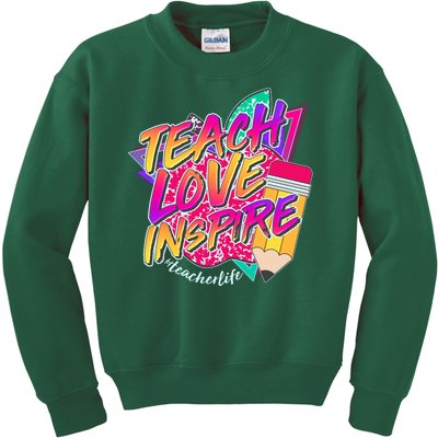 Retro Neon Teach Love Inspire #Teacher Life Kids Sweatshirt