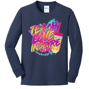 Retro Neon Teach Love Inspire #Teacher Life Kids Long Sleeve Shirt