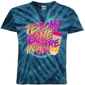 Retro Neon Teach Love Inspire #Teacher Life Kids Tie-Dye T-Shirt