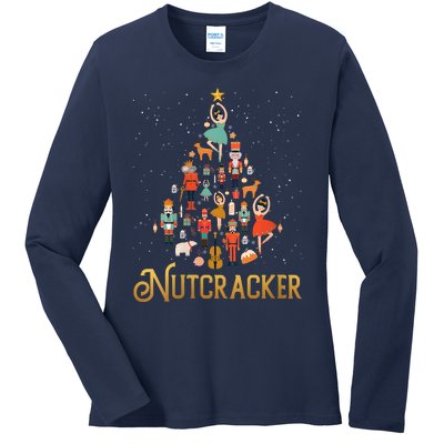 Retro Nutcracker Tree Ballet Dance Family Christmas Pajama Ladies Long Sleeve Shirt