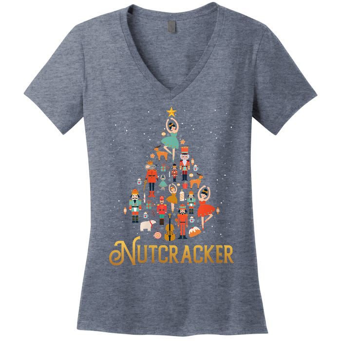 Retro Nutcracker Tree Ballet Dance Family Christmas Pajama Women's V-Neck T-Shirt