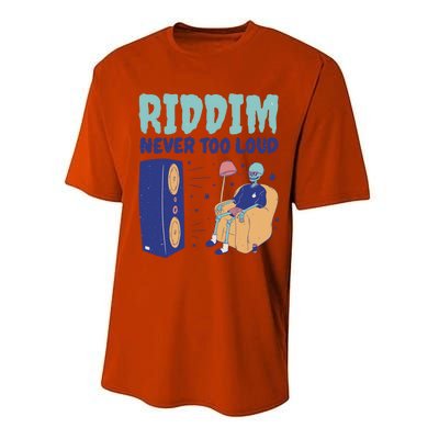 Riddim Never Too Loud Funny Dubstep Skeleton Gift Performance Sprint T-Shirt