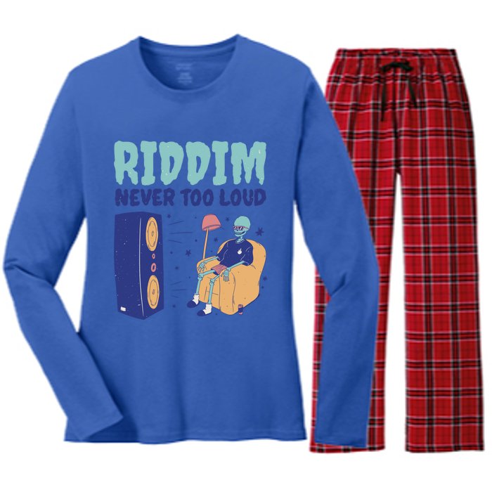 Riddim Never Too Loud Funny Dubstep Skeleton Gift Women's Long Sleeve Flannel Pajama Set 