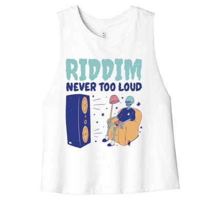 Riddim Never Too Loud Funny Dubstep Skeleton Gift Women's Racerback Cropped Tank