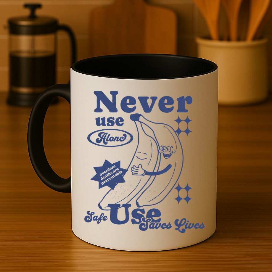 Retro Never Use Alone Harm Reduction Mug