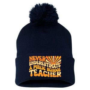 Retro Never Underestimate A Public A School Teacher Pom Pom 12in Knit Beanie