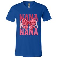 Retro Nana ValentineS Day Heart Coquette Bow Matching Cute Gift V-Neck T-Shirt