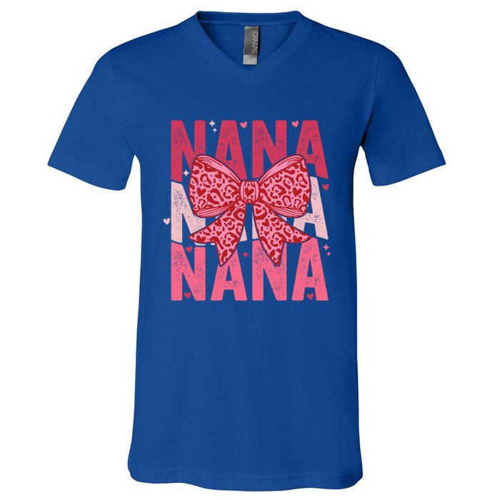 Retro Nana ValentineS Day Heart Coquette Bow Matching Cute Gift V-Neck T-Shirt