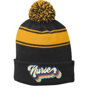 Retro Nurse Woman Wears A Nursing On NurseS Day Stripe Pom Pom Beanie