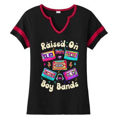 Raised On 90s Boy Bands Cassette Tape Retro Ladies Halftime Notch Neck Tee