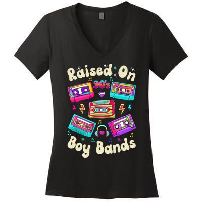 Raised On 90s Boy Bands Cassette Tape Retro Women's V-Neck T-Shirt