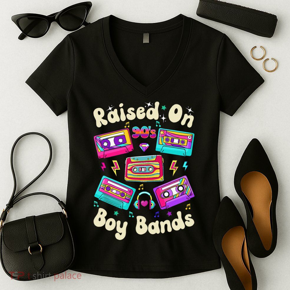 Raised On 90s Boy Bands Cassette Tape Retro Women's V-Neck T-Shirt