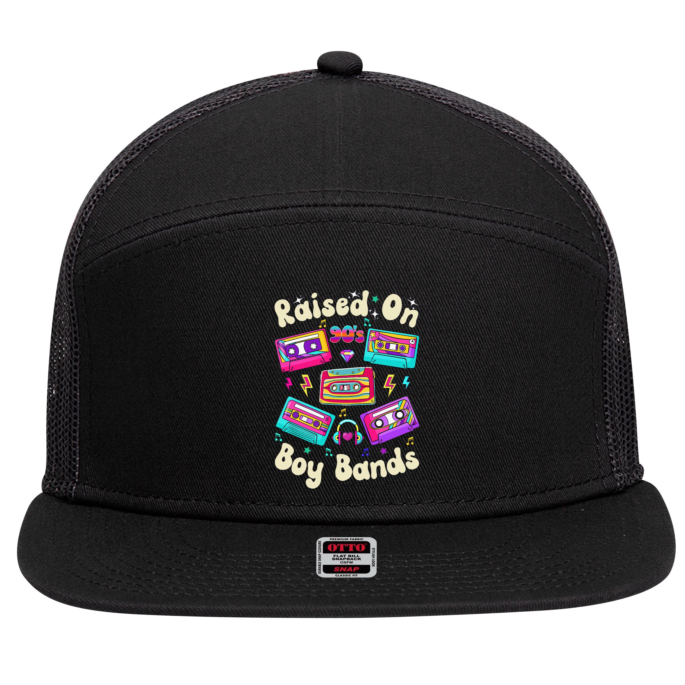 Raised On 90s Boy Bands Cassette Tape 7 Panel Mesh Trucker Snapback Hat
