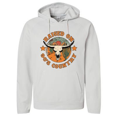 Raised On 90s Country Cow Skull Southern Western Performance Fleece Hoodie