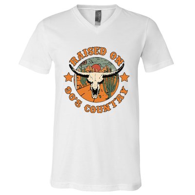 Raised On 90s Country Cow Skull Southern Western V-Neck T-Shirt