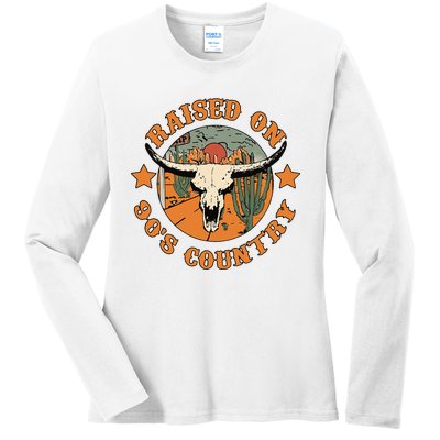 Raised On 90s Country Cow Skull Southern Western Ladies Long Sleeve Shirt