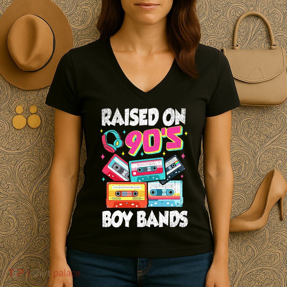 Raised On 90s Boy Bands Cassette Tape Retro Women's V-Neck T-Shirt