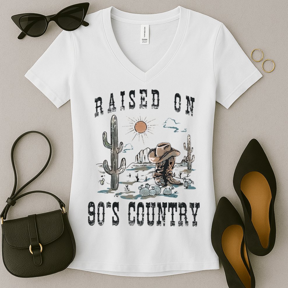 Raised On 90S Country Music Cowgirl Western Women's V-Neck T-Shirt