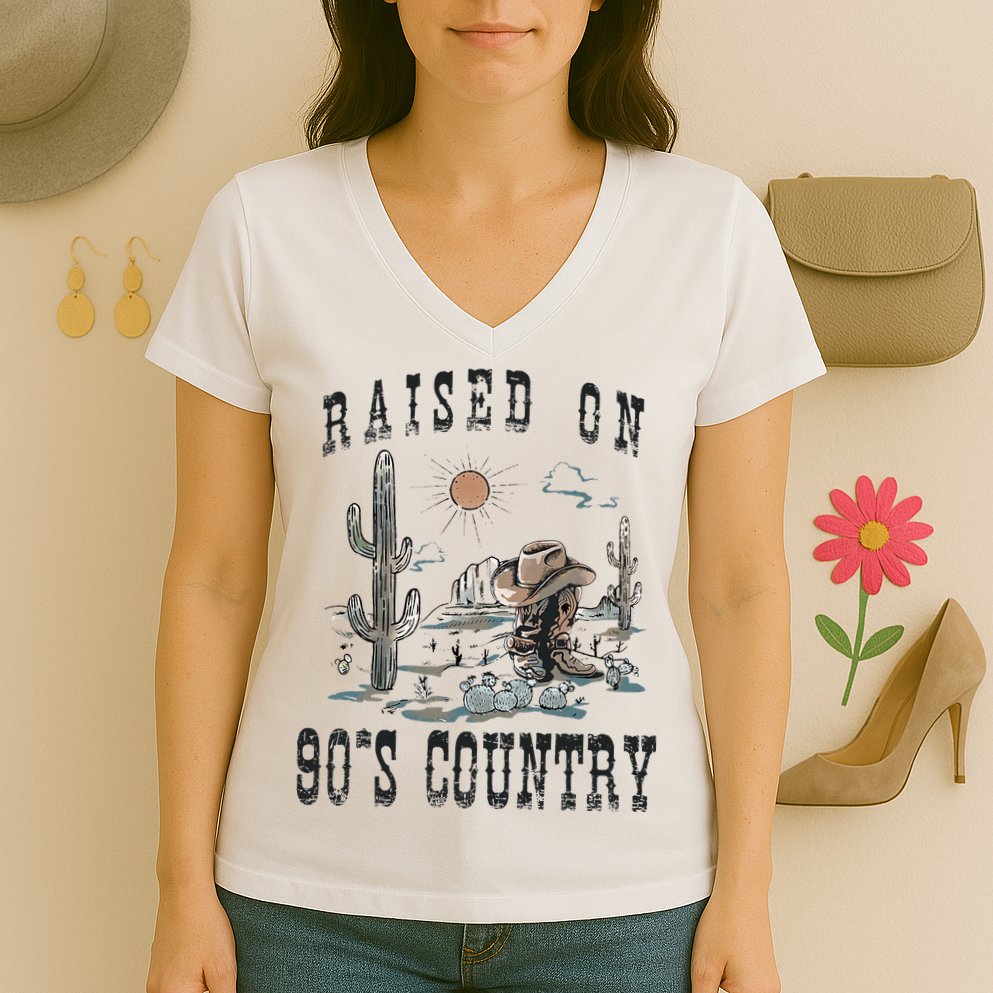 Raised On 90S Country Music Cowgirl Western Women's V-Neck T-Shirt