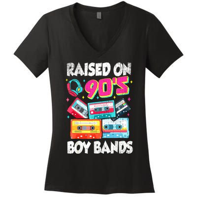 Raised On 90s Boy Bands Cassette Tape Retro Women's V-Neck T-Shirt