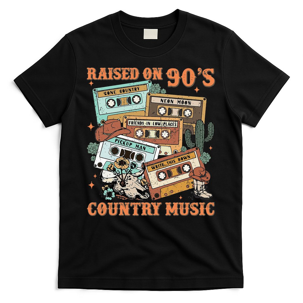 Raised On 90S Country Music Western Cowboy Retro Cow Skull T-Shirt