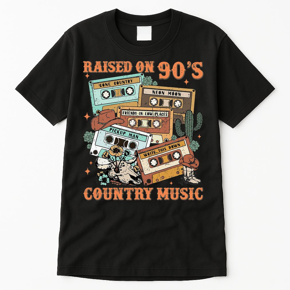 Raised On 90S Country Music Western Cowboy Retro Cow Skull Tall T-Shirt