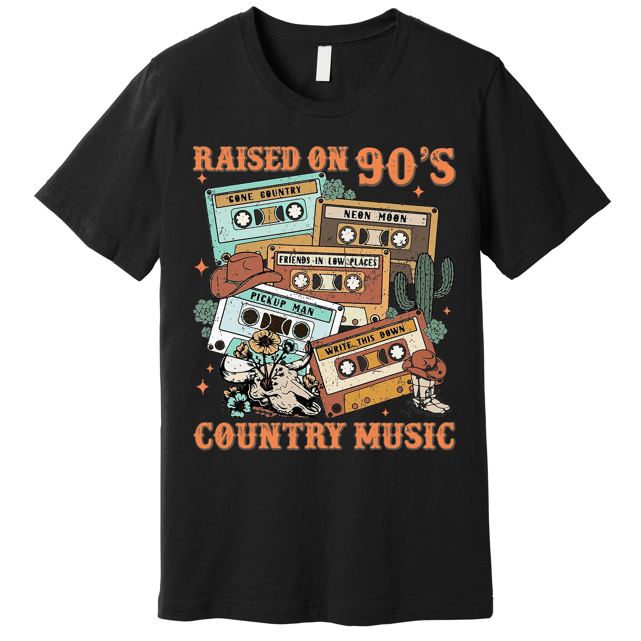 Raised On 90S Country Music Western Cowboy Retro Cow Skull Premium T-Shirt