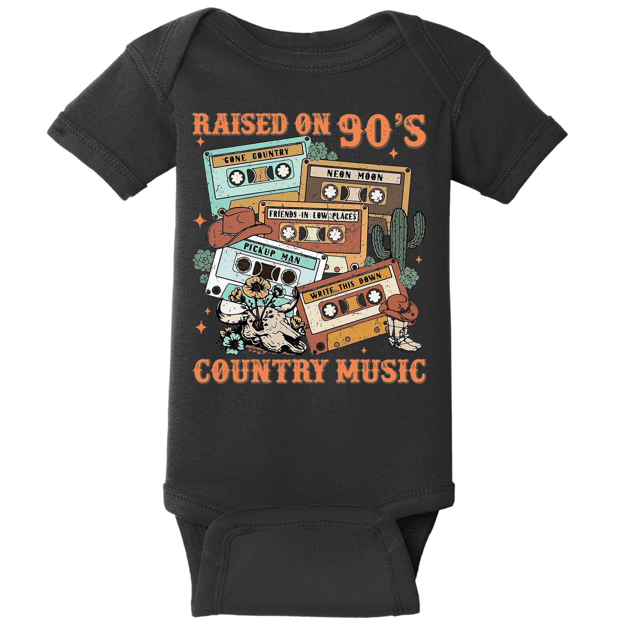 Raised On 90S Country Music Western Cowboy Retro Cow Skull Baby Bodysuit