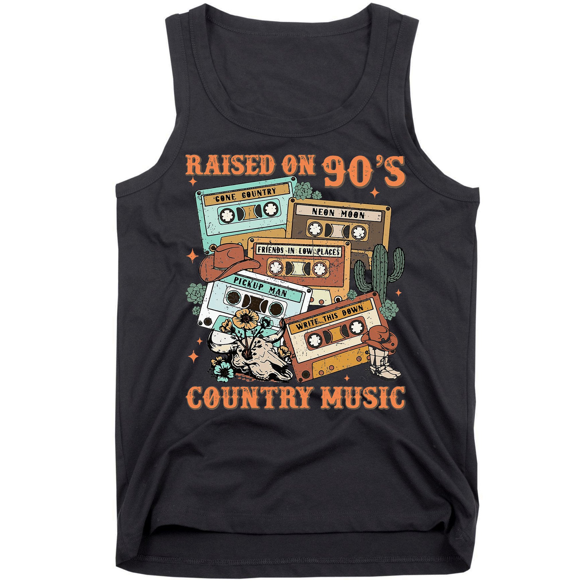 Raised On 90S Country Music Western Cowboy Retro Cow Skull Tank Top