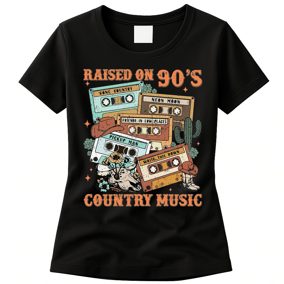 Raised On 90S Country Music Western Cowboy Retro Cow Skull Womens T-Shirt