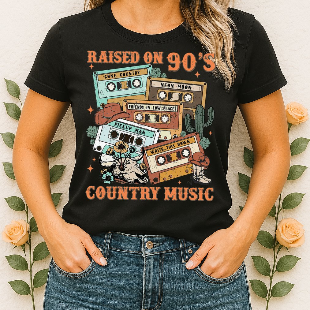 Raised On 90S Country Music Western Cowboy Retro Cow Skull Womens T-Shirt