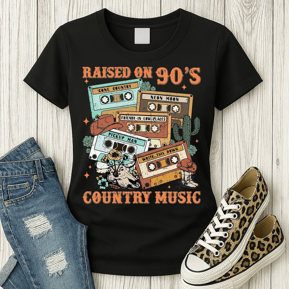 Raised On 90S Country Music Western Cowboy Retro Cow Skull Womens T-Shirt