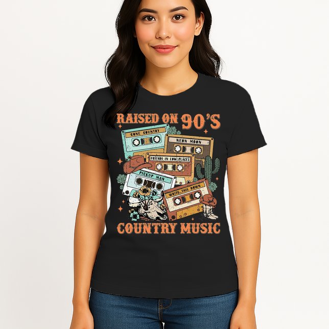 Raised On 90S Country Music Western Cowboy Retro Cow Skull Womens T-Shirt
