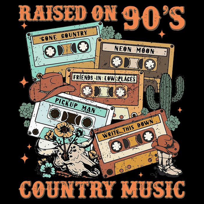 Raised On 90S Country Music Western Cowboy Retro Cow Skull Womens T-Shirt