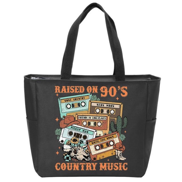Raised On 90S Country Music Western Cowboy Retro Cow Skull Zip Tote Bag
