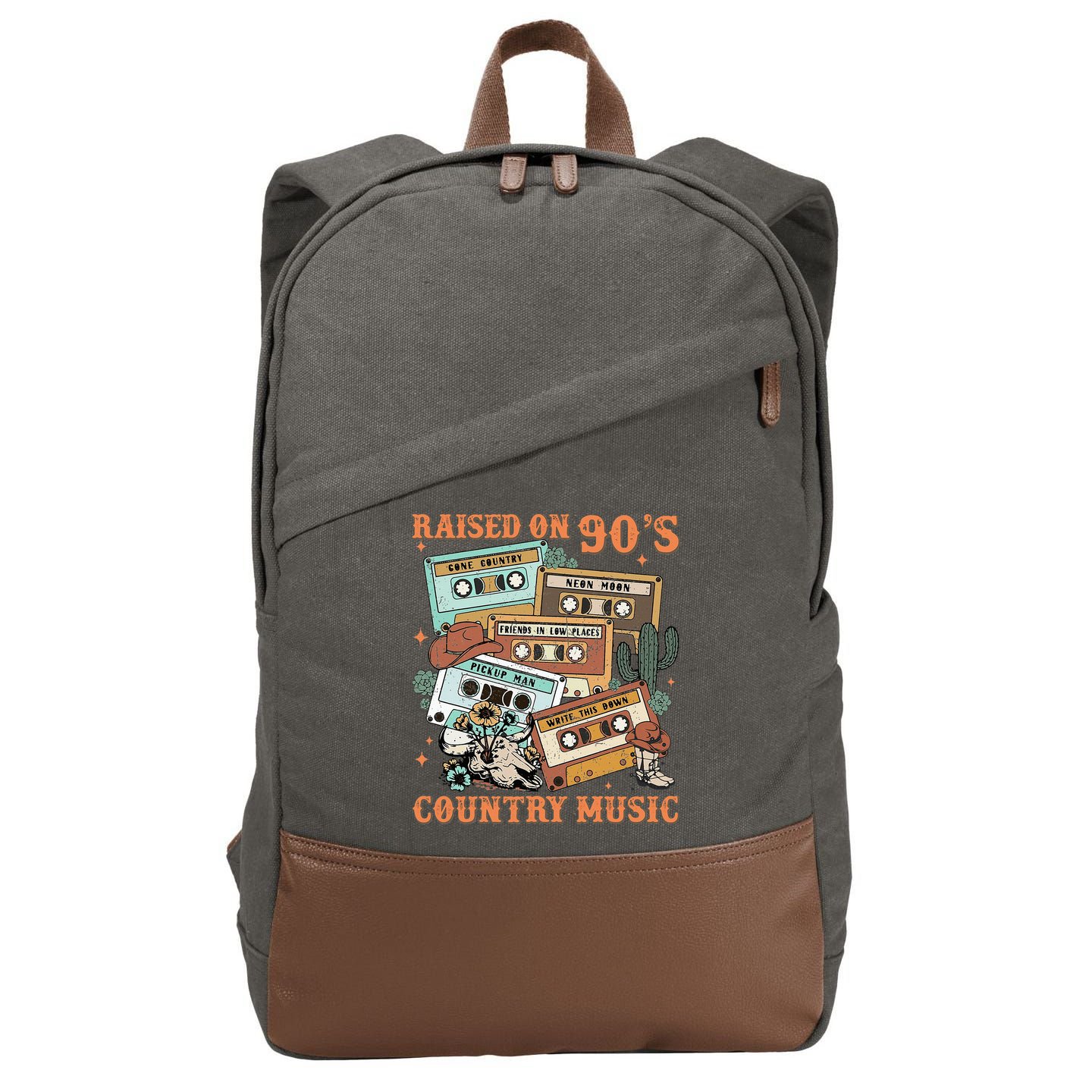 Raised On 90S Country Music Western Cowboy Retro Cow Skull Cotton Canvas Backpack