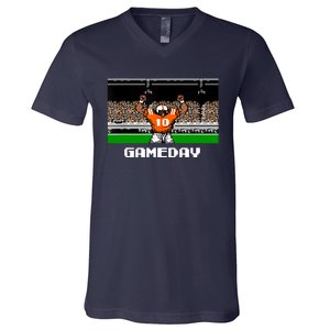 Retro Orange And White Football 8 Bit Video Game V-Neck T-Shirt