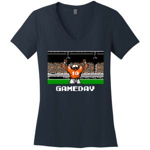 Retro Orange And White Football 8 Bit Video Game Women's V-Neck T-Shirt