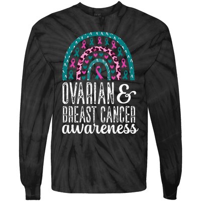 Rainbow Ovarian and Breast Cancer Awareness Pink Teal Ribbon Tie-Dye Long Sleeve Shirt