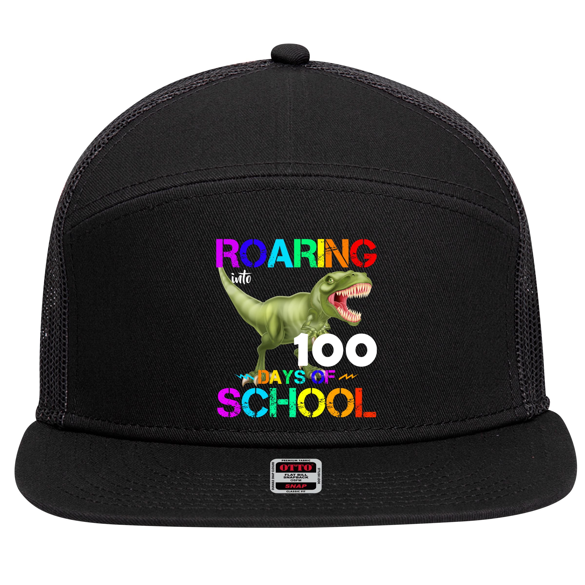 Roaring Into 100 Days Of School 7 Panel Mesh Trucker Snapback Hat