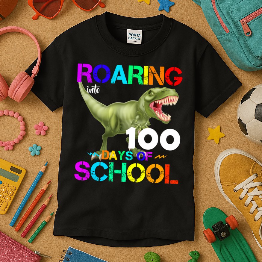 Roaring Into 100 Days Of School Kids T-Shirt