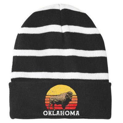 Retro Oklahoma & Bison Vintage American Buffalo 80s Sunset Striped Beanie with Solid Band