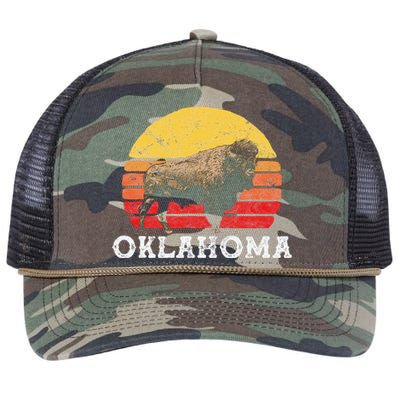 Retro Oklahoma & Bison Vintage American Buffalo 80s Sunset Retro Rope Trucker Hat Cap