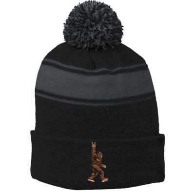 Rock On Bigfoot Sasquatch Loves Rock And Roll Sunglasses On Stripe Pom Pom Beanie