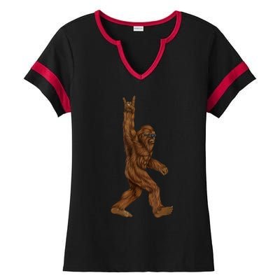 Rock On Bigfoot Sasquatch Loves Rock And Roll Sunglasses On Ladies Halftime Notch Neck Tee