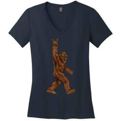 Rock On Bigfoot Sasquatch Loves Rock And Roll Sunglasses On Women's V-Neck T-Shirt