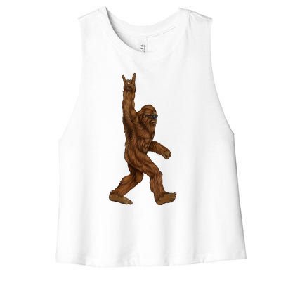 Rock On Bigfoot Sasquatch Loves Rock And Roll Sunglasses On Women's Racerback Cropped Tank