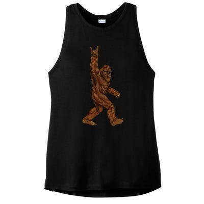 Rock On Bigfoot Sasquatch Loves Rock And Roll Sunglasses On Ladies PosiCharge Tri-Blend Wicking Tank