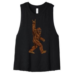 Rock On Bigfoot Sasquatch Loves Rock And Roll Sunglasses On Women's Racerback Cropped Tank