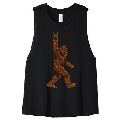 Rock On Bigfoot Sasquatch Loves Rock And Roll Sunglasses On Women's Racerback Cropped Tank